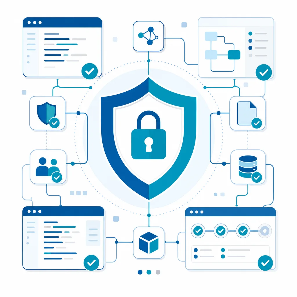 Illustration of a shield and lock surrounded by code windows with compliance checkmarks