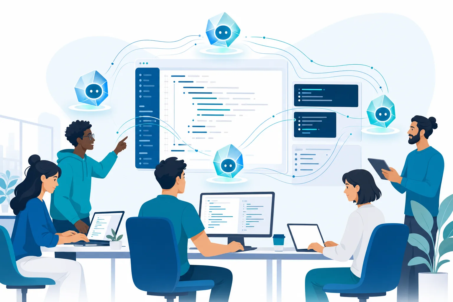 Illustration of a development team collaborating with AI coding agents connected to code editors and terminals