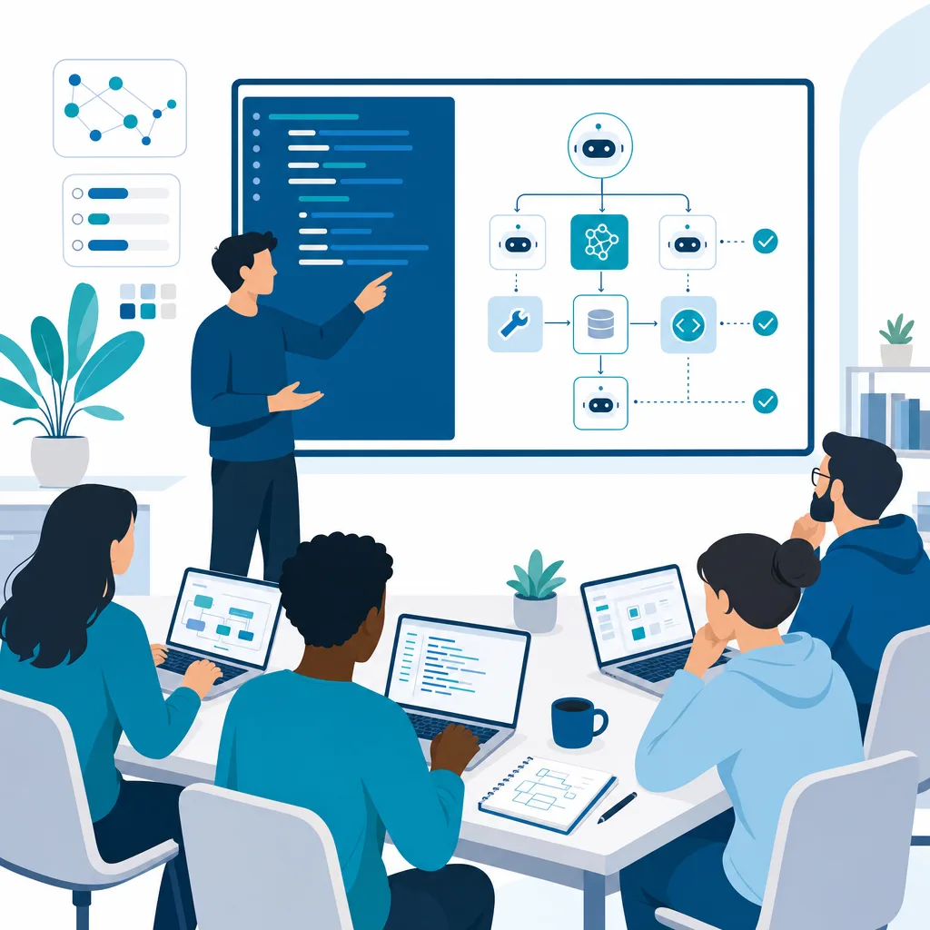 Illustration of an instructor leading a hands-on workshop on agent workflow diagrams